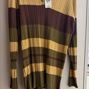 Ashley Stewart V-Neck Sweater in Olive and Yellow Stripes